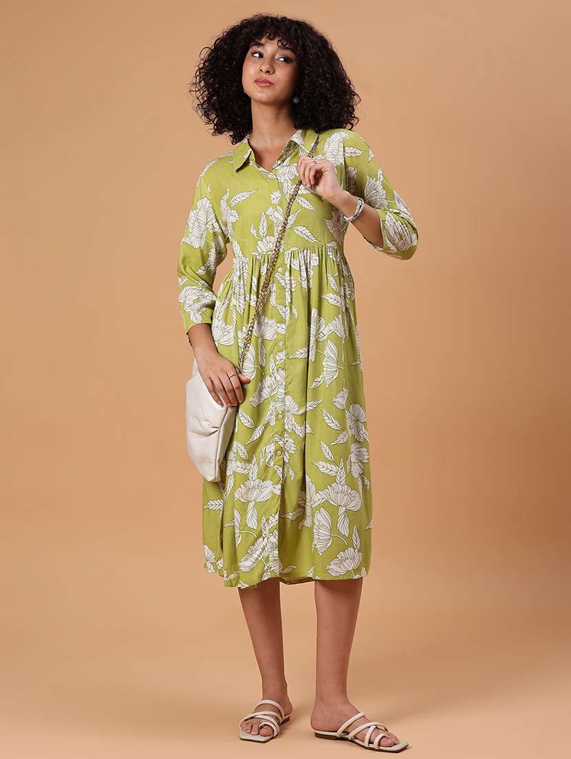 women floral printed three quarter sleeve a-line ethnic dress