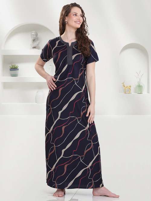 knee length dresses for ladies Creamy Floral Print Premium Crush Cotton Ladies Nighty Dress – 9shines label main image 0