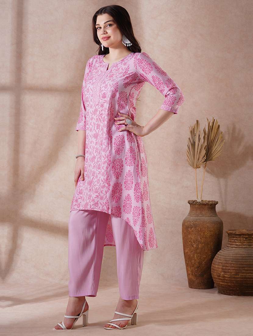 women pink three quarter sleeve kurta pant set - 21915407 -  Standard Image - 1