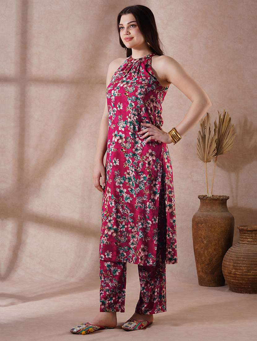 women magenta halter neck kurta palazzo set - 21915408 -  Standard Image - 1