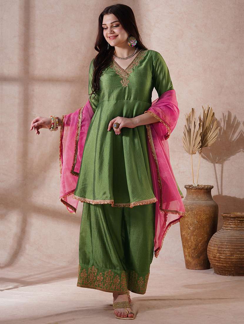 women embroidered anarkali kurta palazzo with dupatta set