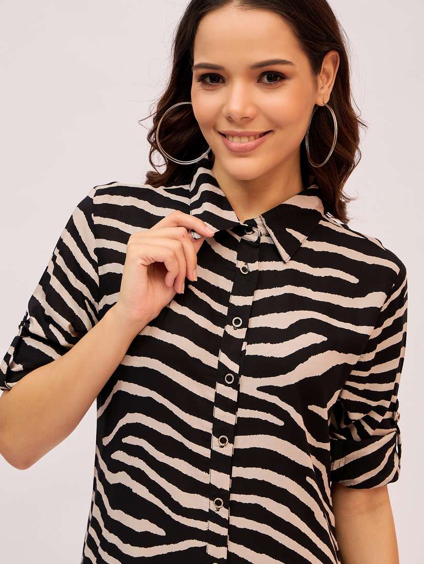 Women Animal Printed Roll Up Sleeves Shirt Dress