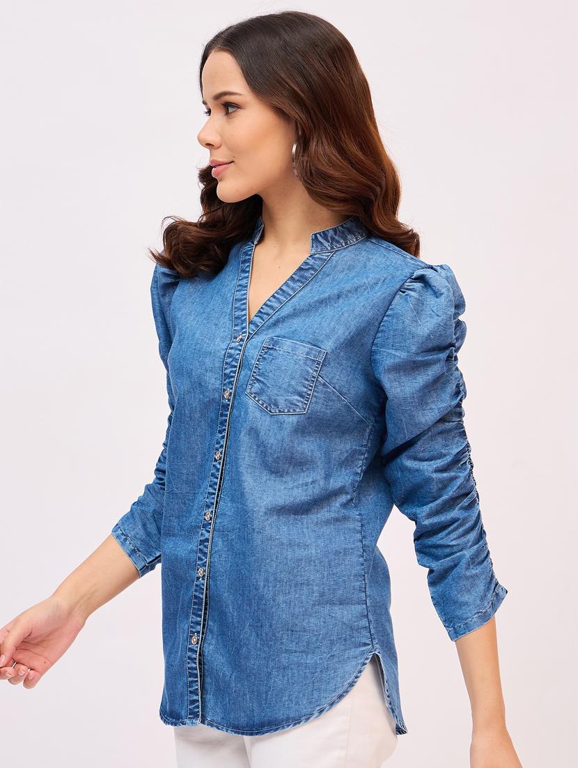 women solid mandarin neck denim shirt - 21916021 -  Standard Image - 1