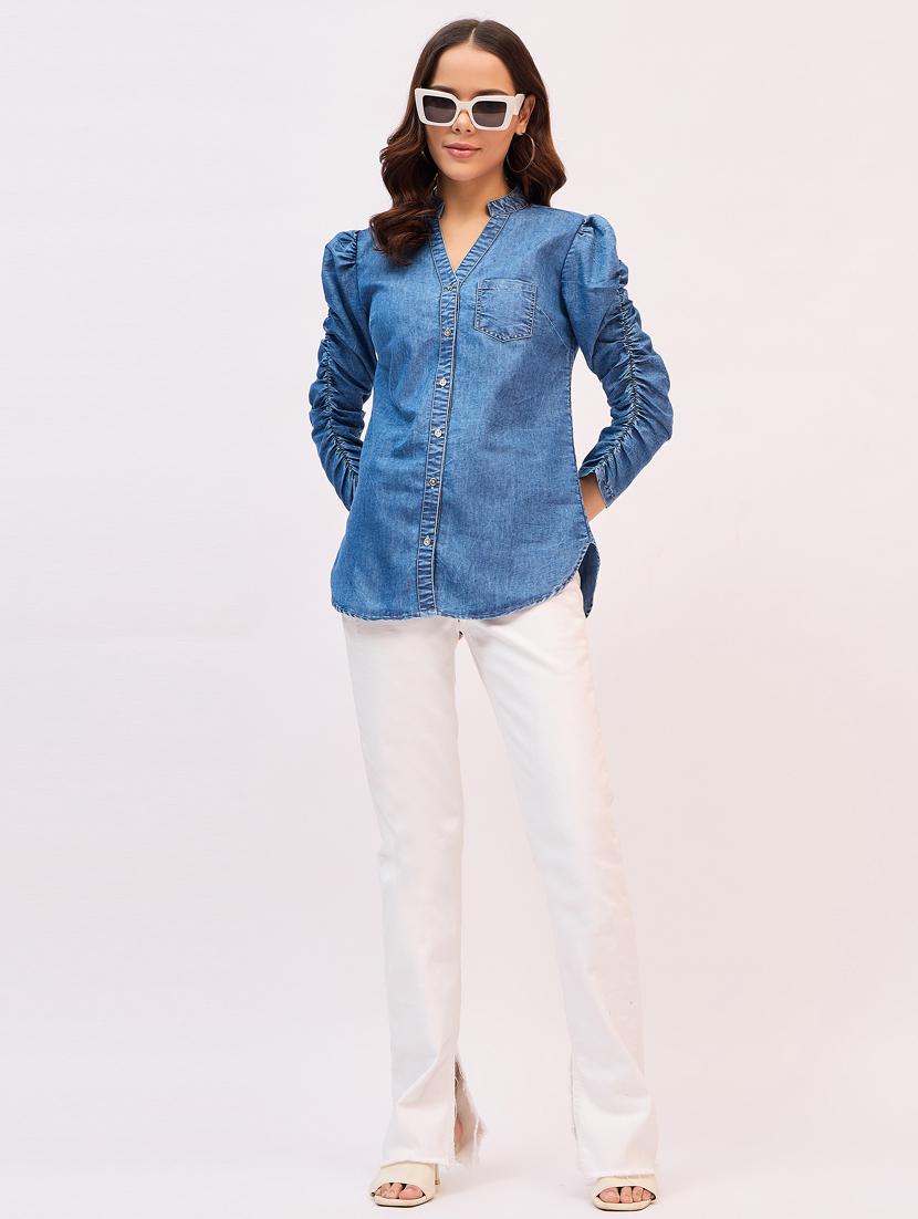 women solid mandarin neck denim shirt - 21916021 - Standard Image - 4