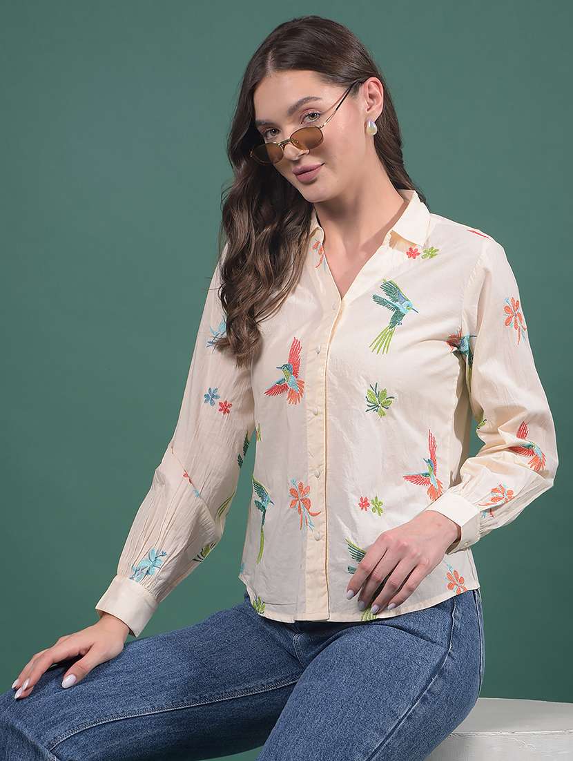 women embroidered collared long sleeves shirt