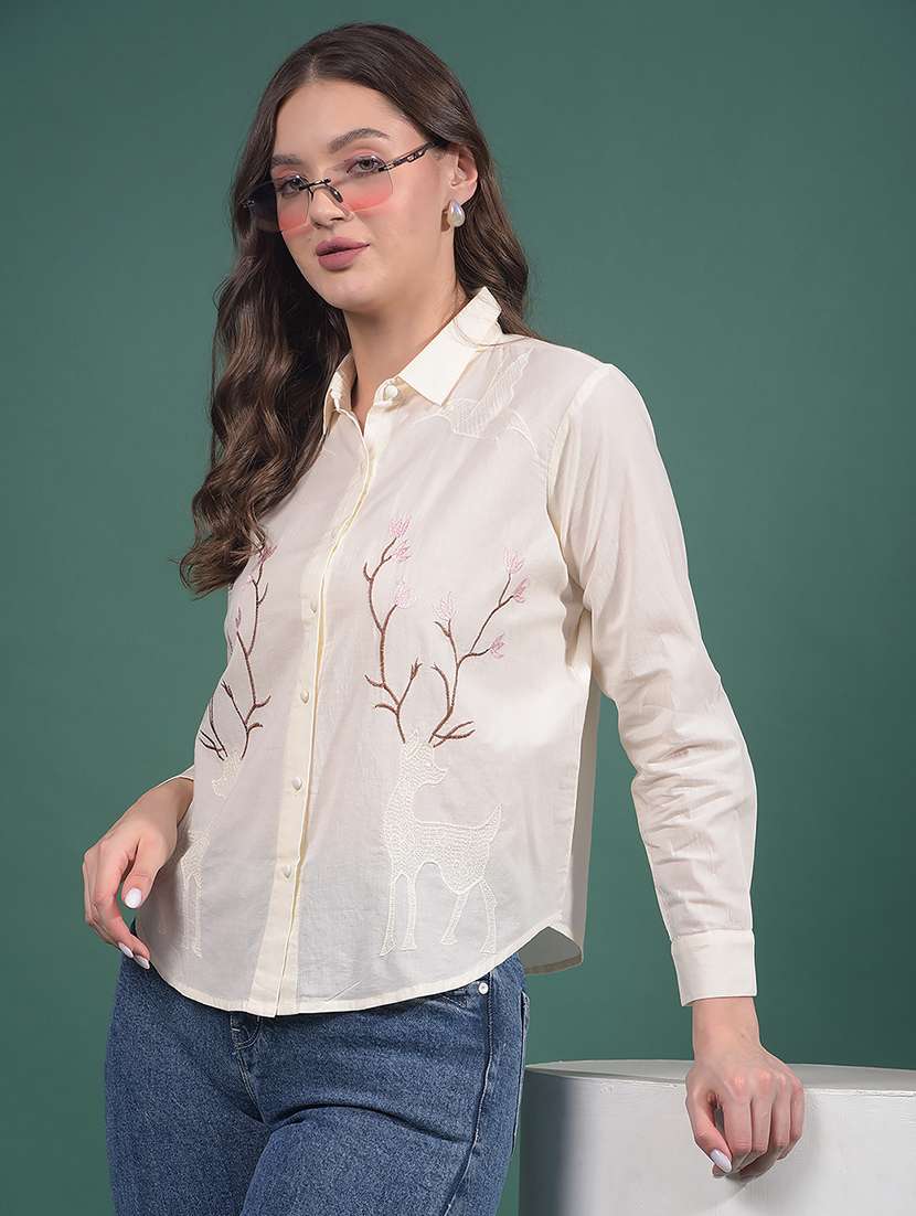 women embroidered collared long sleeves shirt