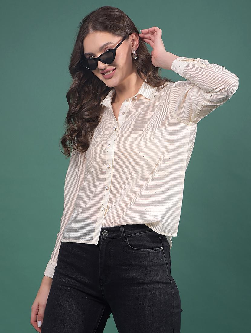 women striped collared long sleeves shirt - 21916045 - Zoom Image - 0