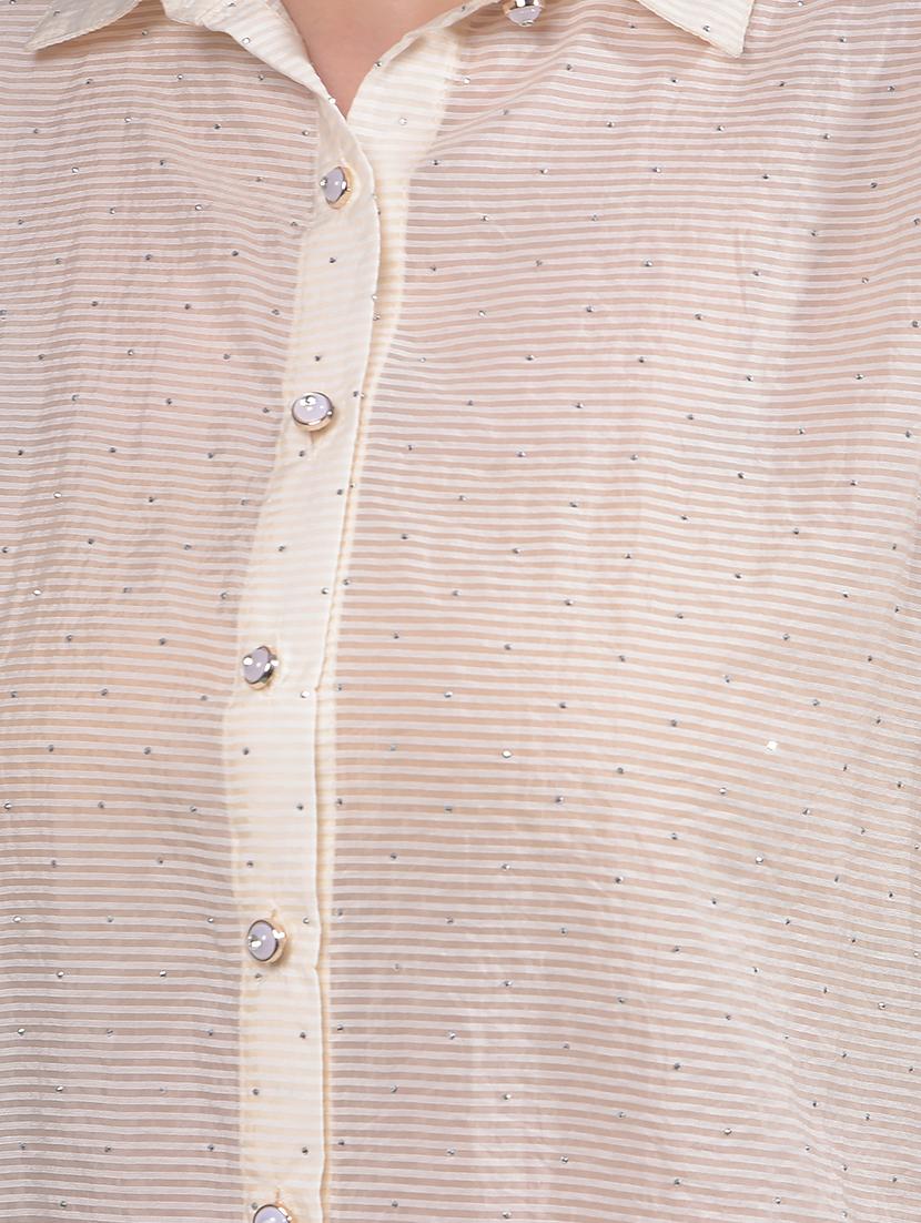 women striped collared long sleeves shirt - 21916045 - Standard Image - 4