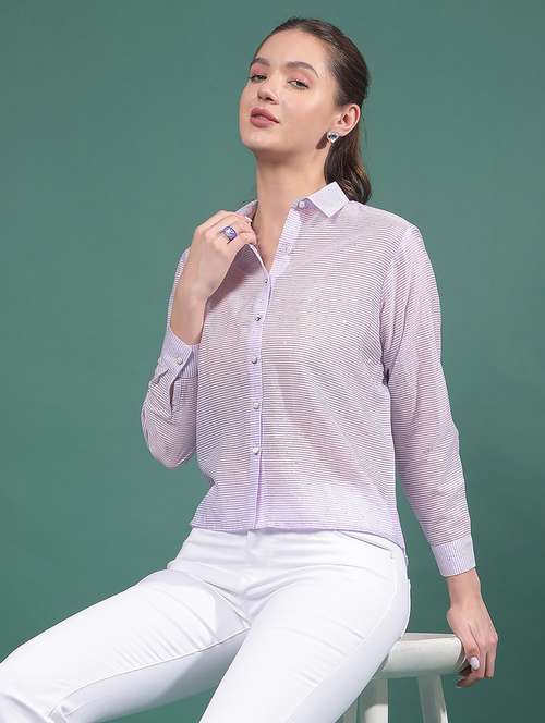 women striped collared long sleeves shirt - 21916046 -  Standard Image - 0