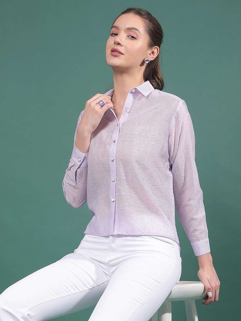 women striped collared long sleeves shirt - 21916046 -  Zoom Image - 0