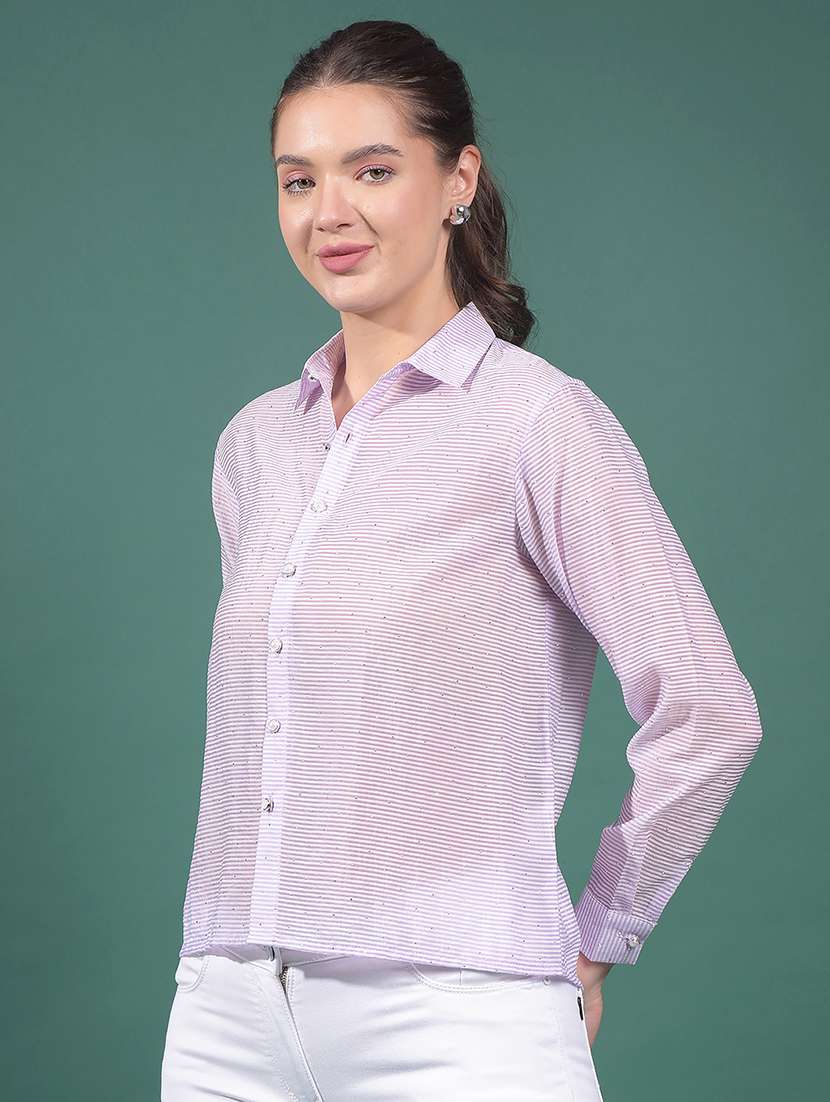 women striped collared long sleeves shirt - 21916046 -  Standard Image - 1