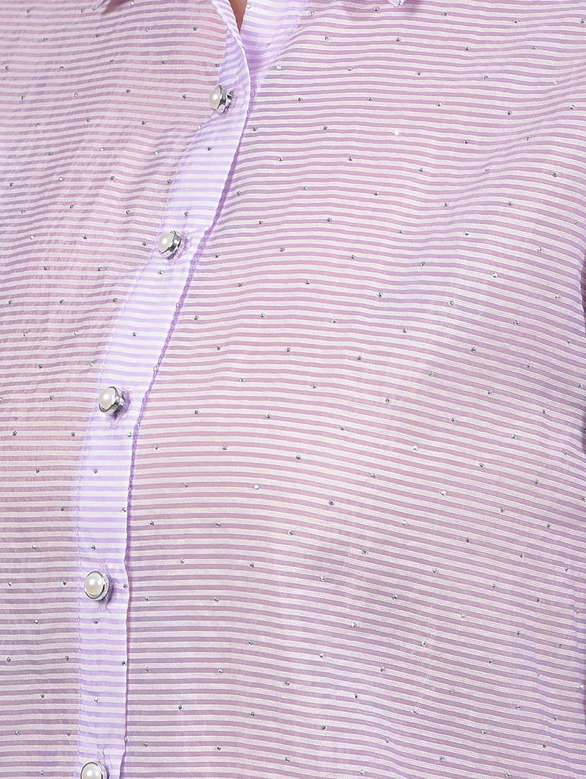 women striped collared long sleeves shirt - 21916046 - Standard Image - 4