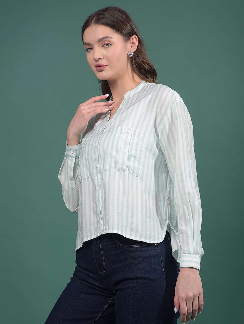 women striped long sleeves high low shirt - 21916054 -  Standard Image - 1