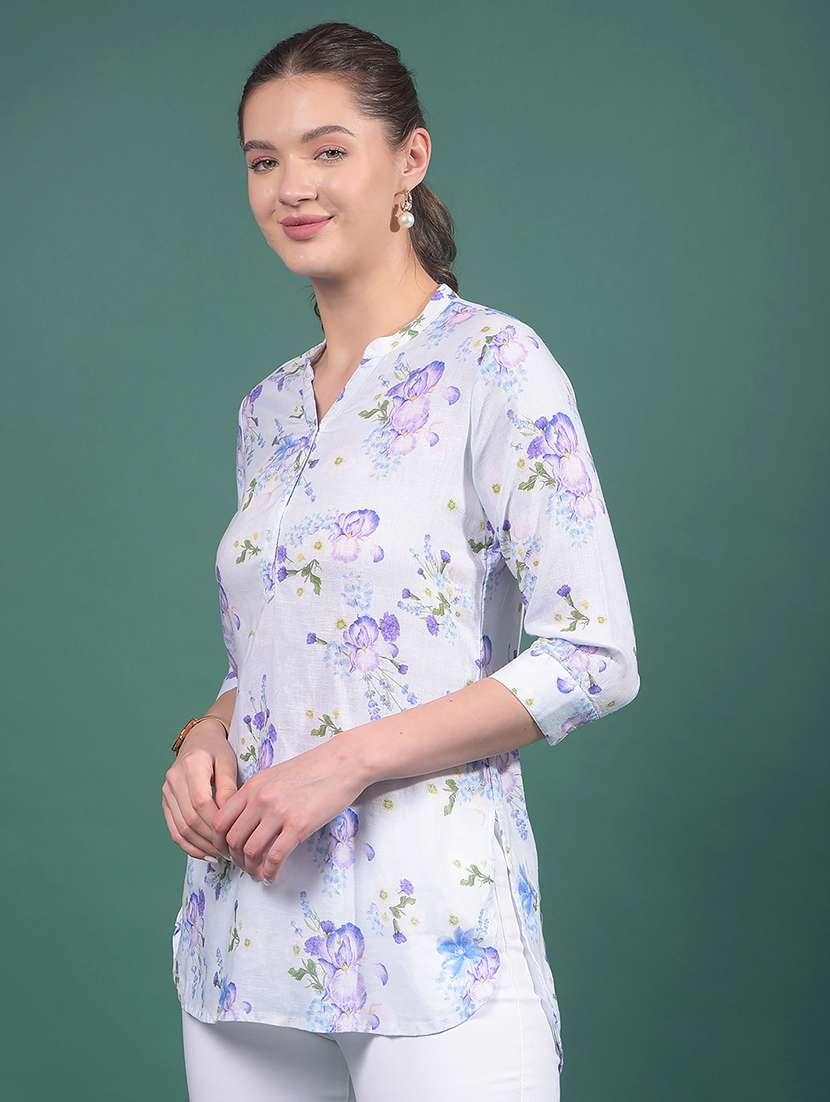 women printed mandarin neck high low tunic - 21916080 -  Standard Image - 1