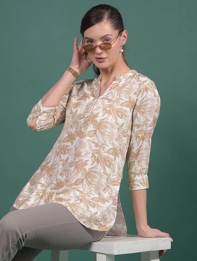 women printed mandarin neck high low tunic