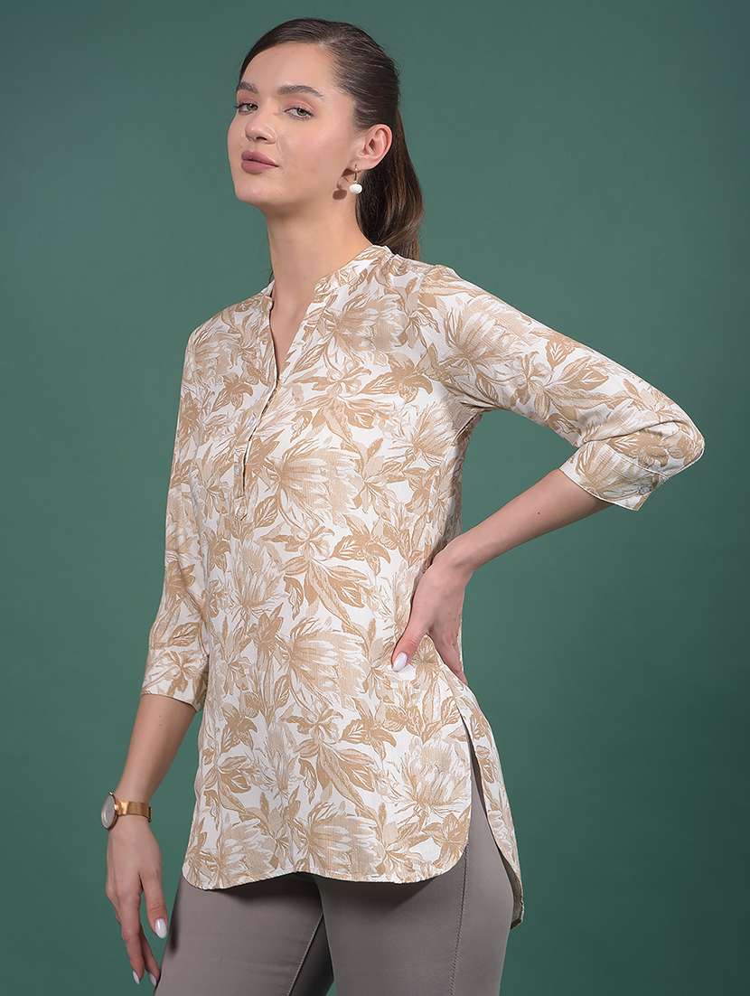 women printed mandarin neck high low tunic - 21916083 -  Standard Image - 1