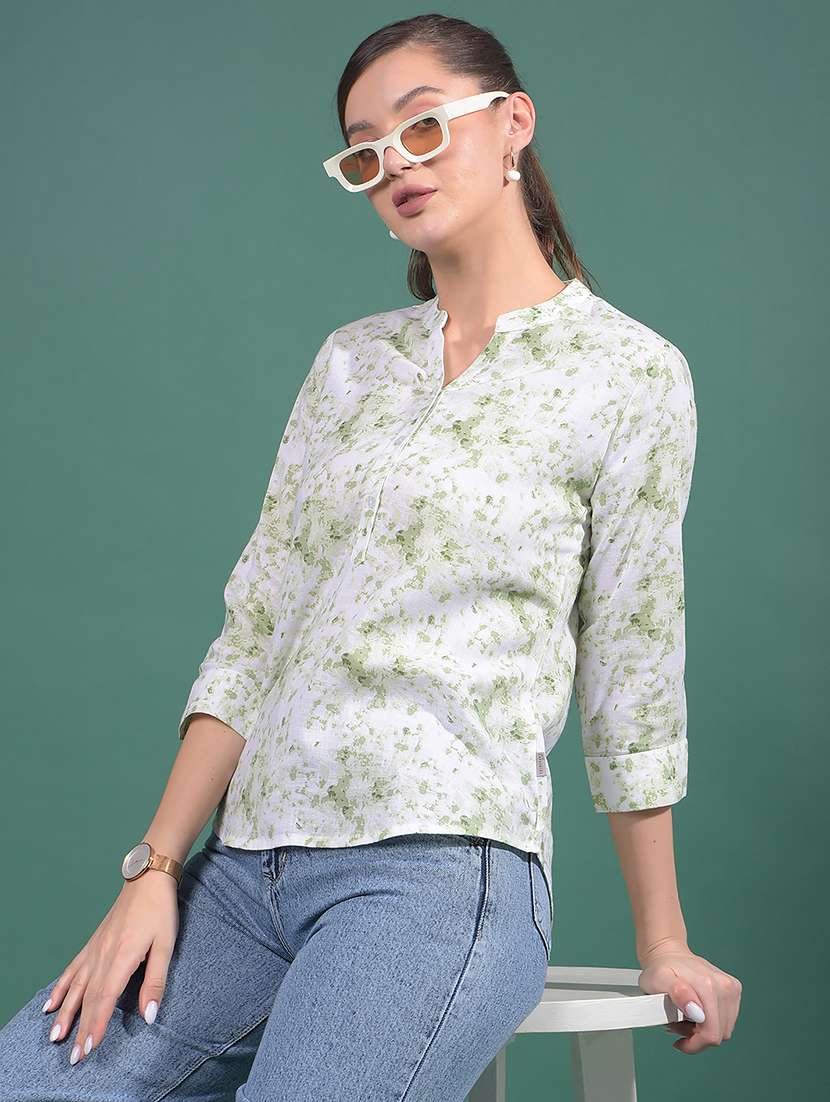 women printed mandarin neck regular top