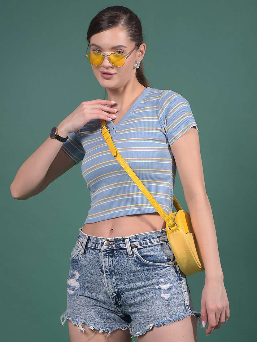 women striped short sleeves crop top