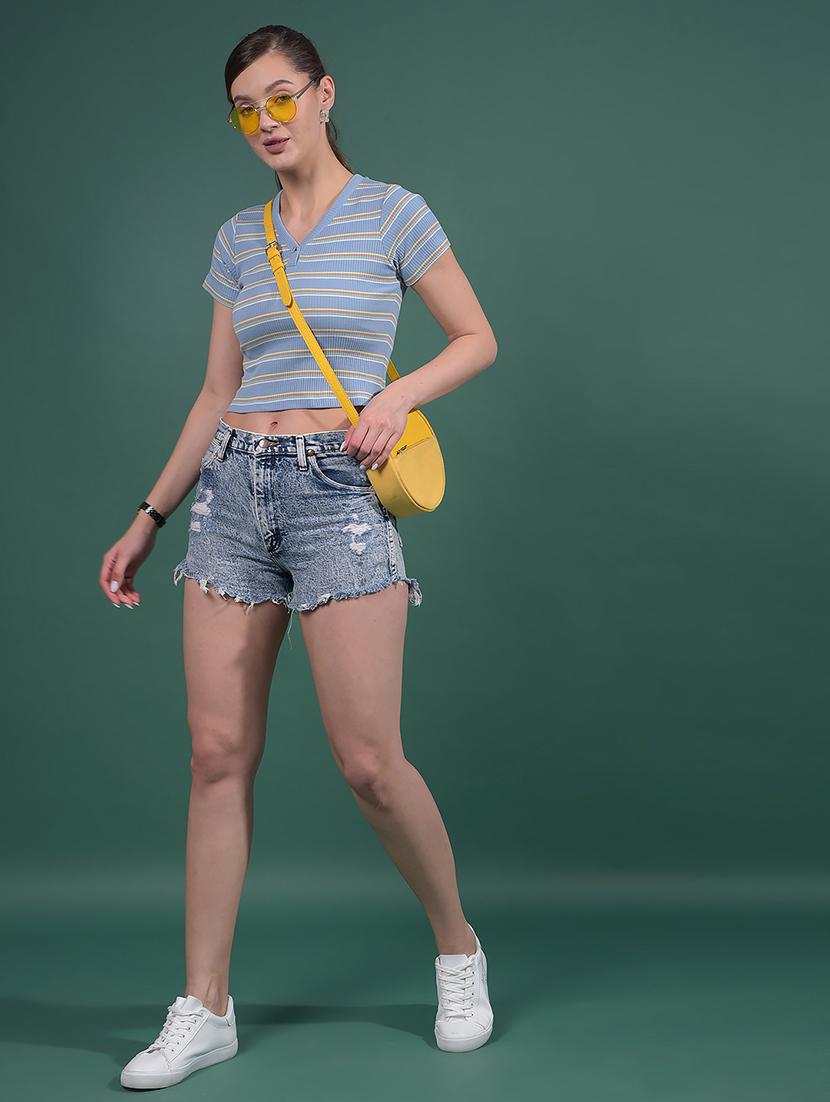 women striped short sleeves crop top - 21916113 - Standard Image - 6
