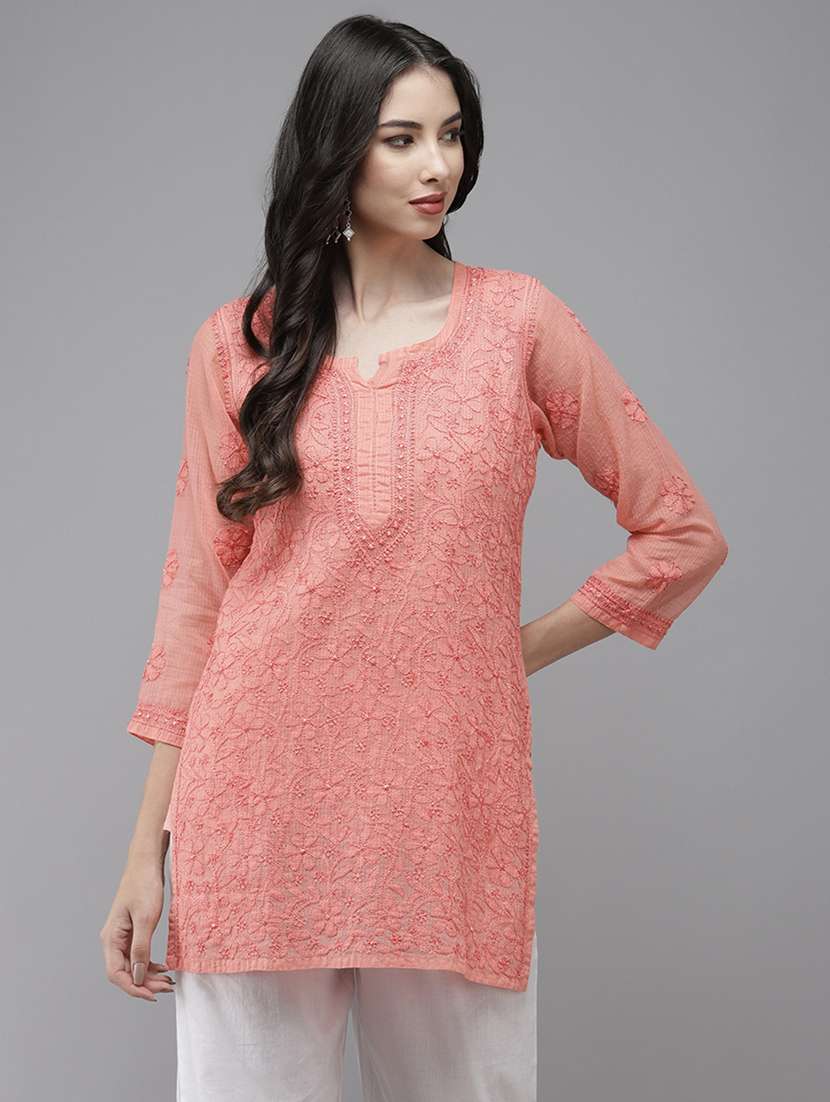 women three quarter sleeve chikankari straight kurti