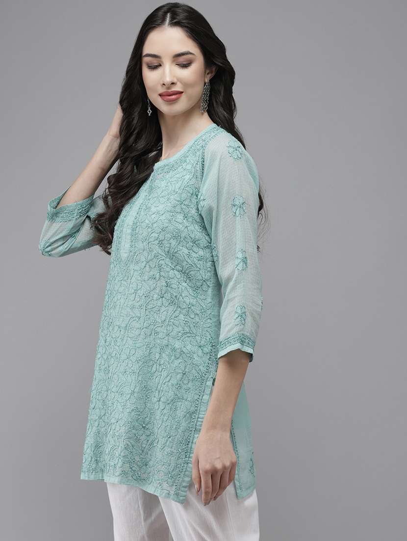 women three quarter sleeve chikankari straight kurti - 21916118 -  Standard Image - 1
