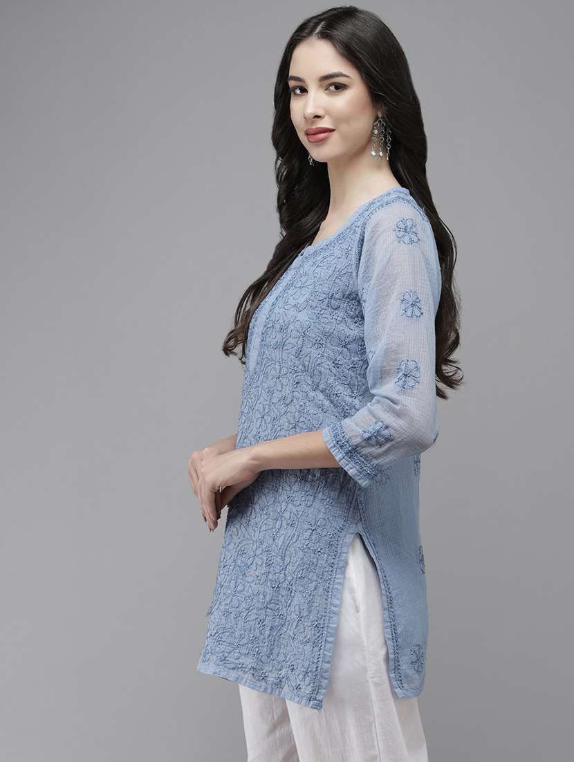 women three quarter sleeve chikankari straight kurti - 21916119 -  Standard Image - 1