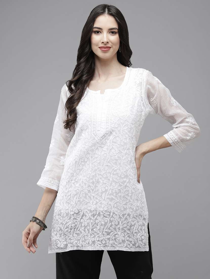 women three quarter sleeve chikankari straight kurti