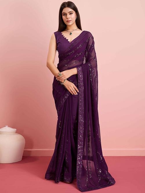 women purple embroidered saree with blouse - 21916174 - Standard Image - 0