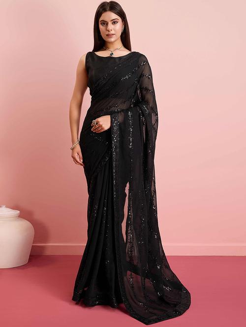 women black embroidered saree with blouse - 21916177 - Standard Image - 0