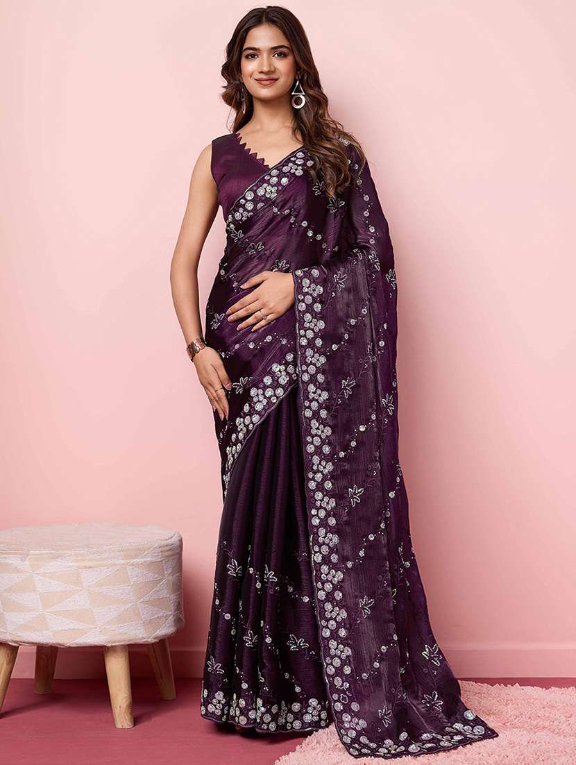 women purple embroidered saree with blouse