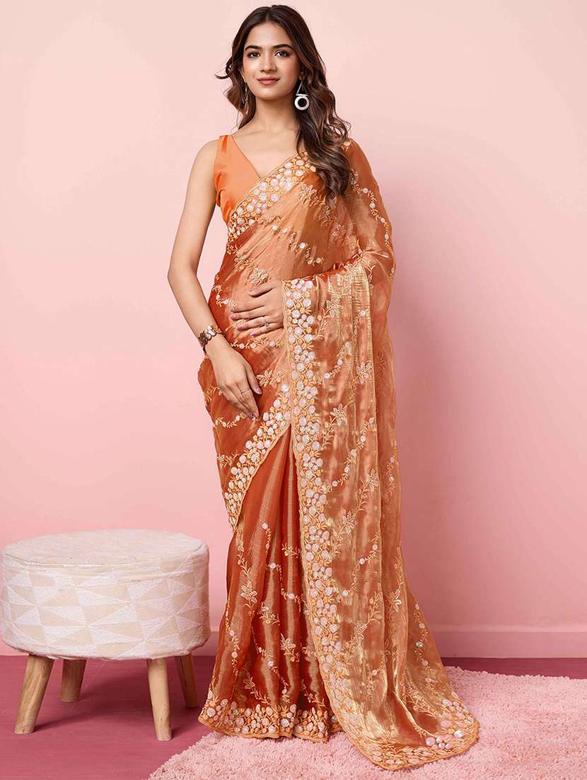 women solid with work embroidered saree with blouse