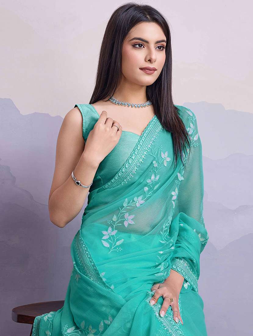 women sea green embroidered saree with blouse - 21916194 -  Standard Image - 4