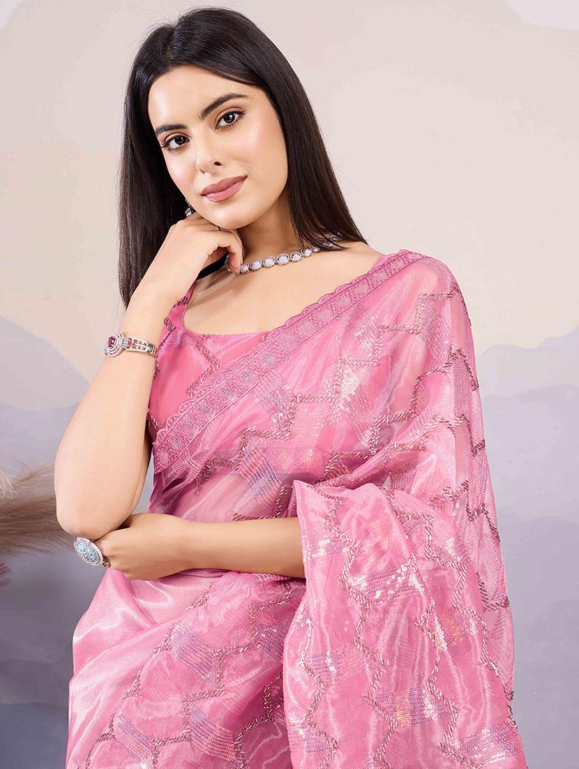 women solid with work embellished saree with blouse - 21916205 - Standard Image - 4