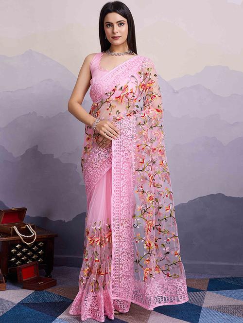 women pink embroidered saree with blouse - 21916211 -  Standard Image - 0