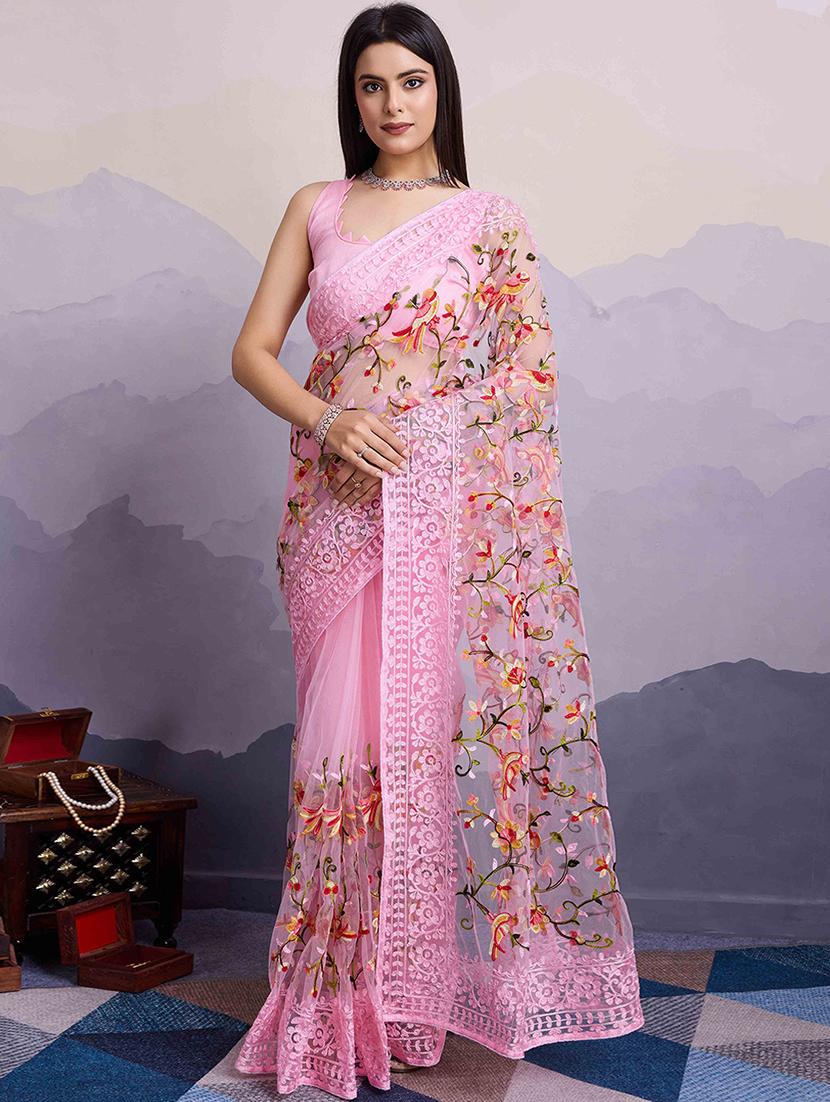 women pink embroidered saree with blouse - 21916211 -  Zoom Image - 0