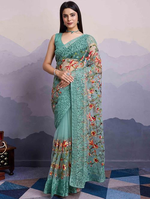 women green embroidered saree with blouse - 21916213 -  Standard Image - 0