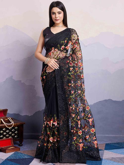 women black embroidered saree with blouse - 21916216 -  Standard Image - 0