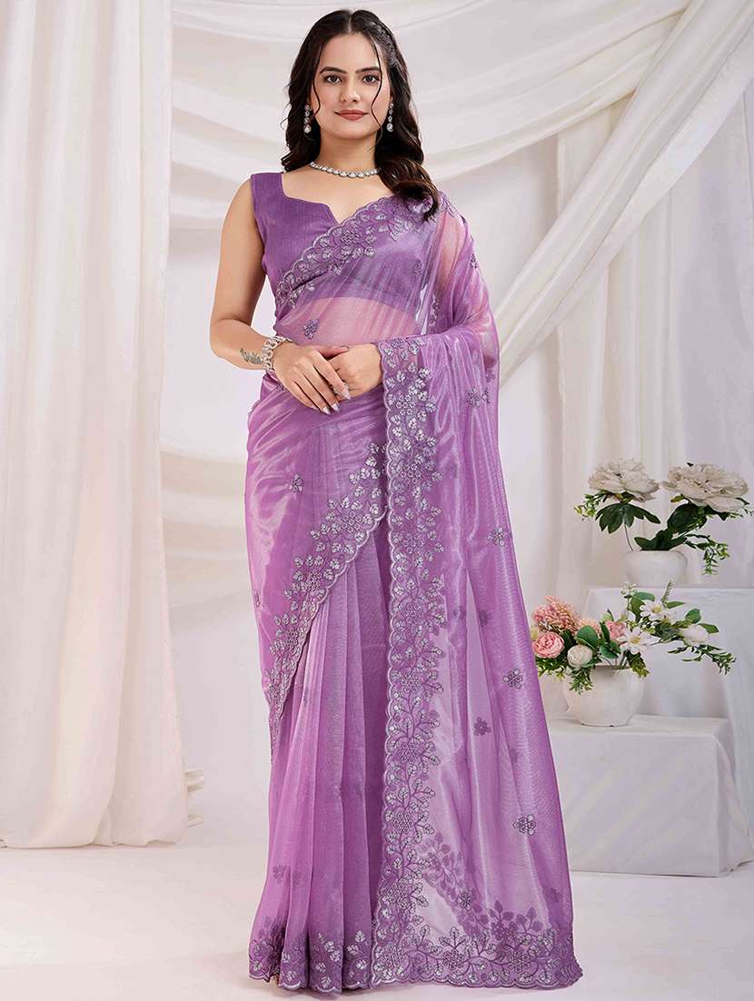women solid with work embroidered saree with blouse