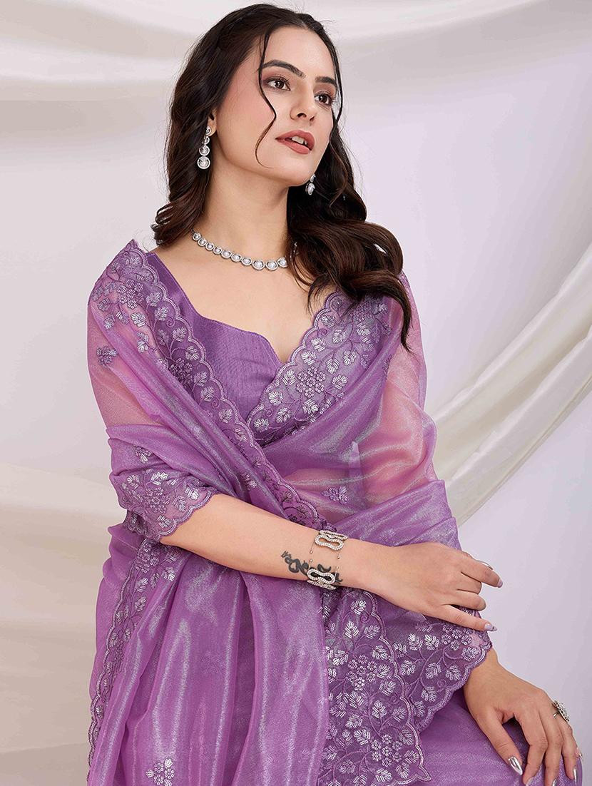 women solid with work embroidered saree with blouse - 21916222 - Standard Image - 4