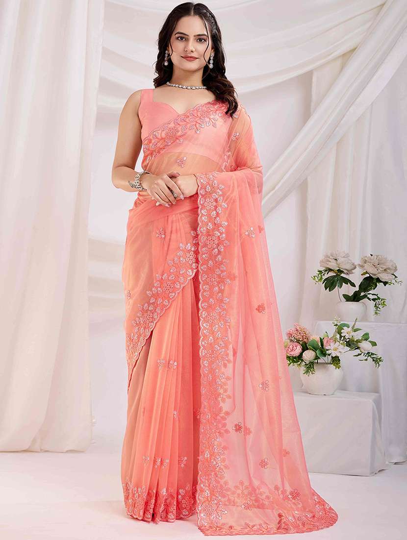 women solid with work embroidered saree with blouse