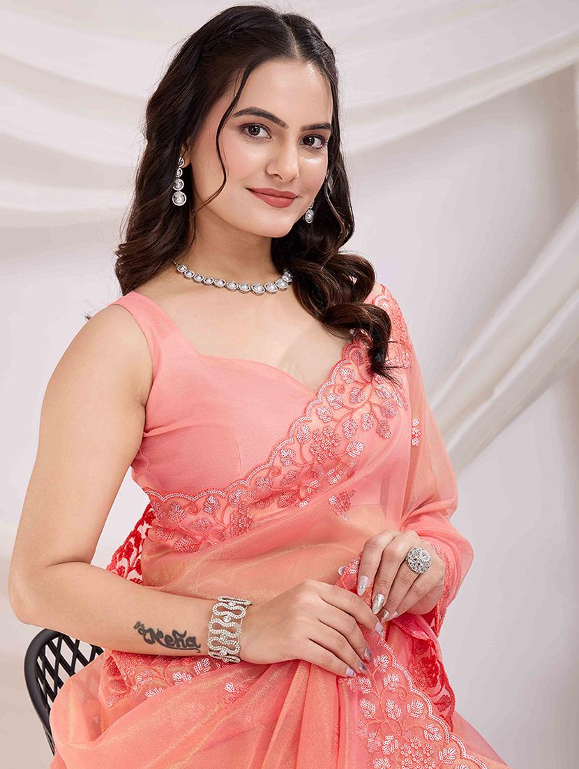 women solid with work embroidered saree with blouse - 21916223 - Standard Image - 4
