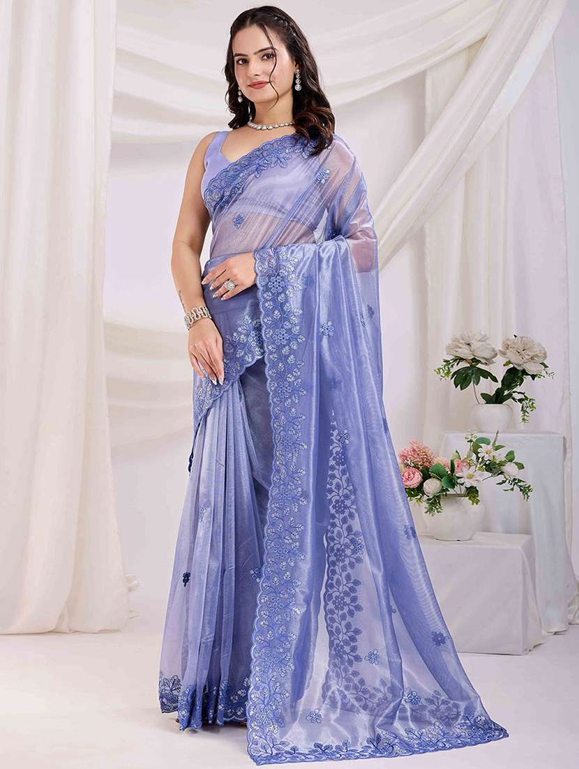 women solid with work embroidered saree with blouse - 21916224 - Standard Image - 1