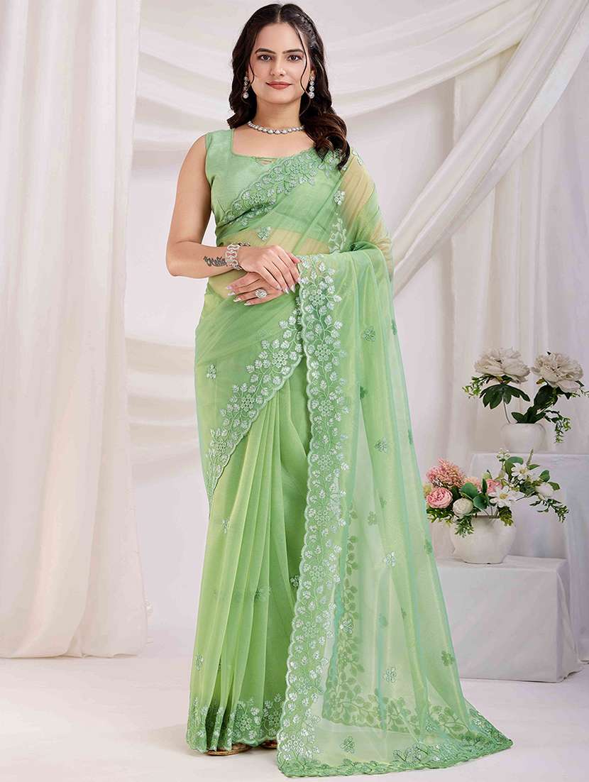 women solid with work embroidered saree with blouse