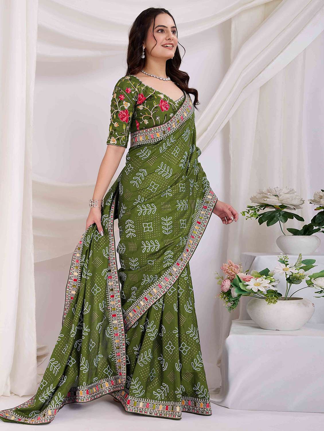women bandhani printed bordered saree with blouse - 21916229 - Standard Image - 1