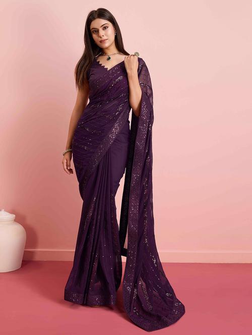 women solid with work embellished saree with blouse - 21916232 -  Standard Image - 0