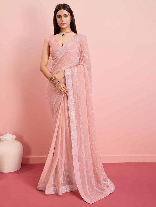 women solid with work embellished saree with blouse - 21916234 - Standard Image - 0