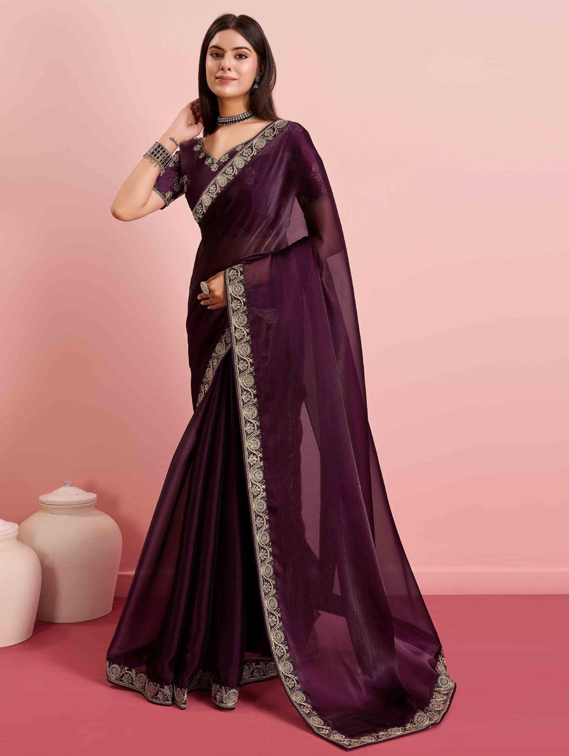 women solid with bordered saree with blouse - 21916248 - Standard Image - 1