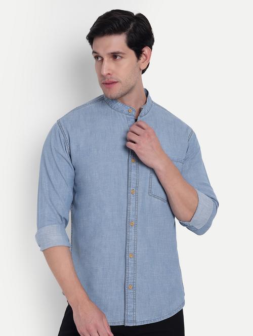 men solid long sleeve regular fit denim shirt - 21916281 - Standard Image - 0