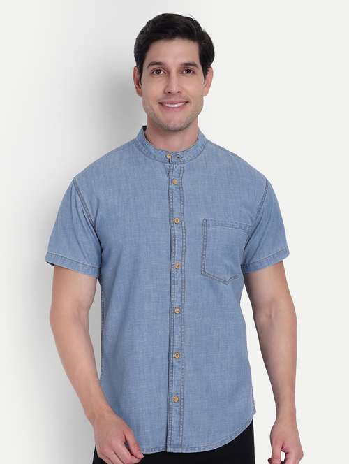 men solid mandarin neck denim shirt - 21916282 -  Standard Image - 0