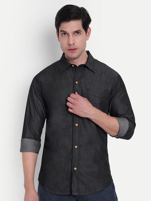 men solid long sleeve regular fit denim shirt - 21916288 - Standard Image - 0